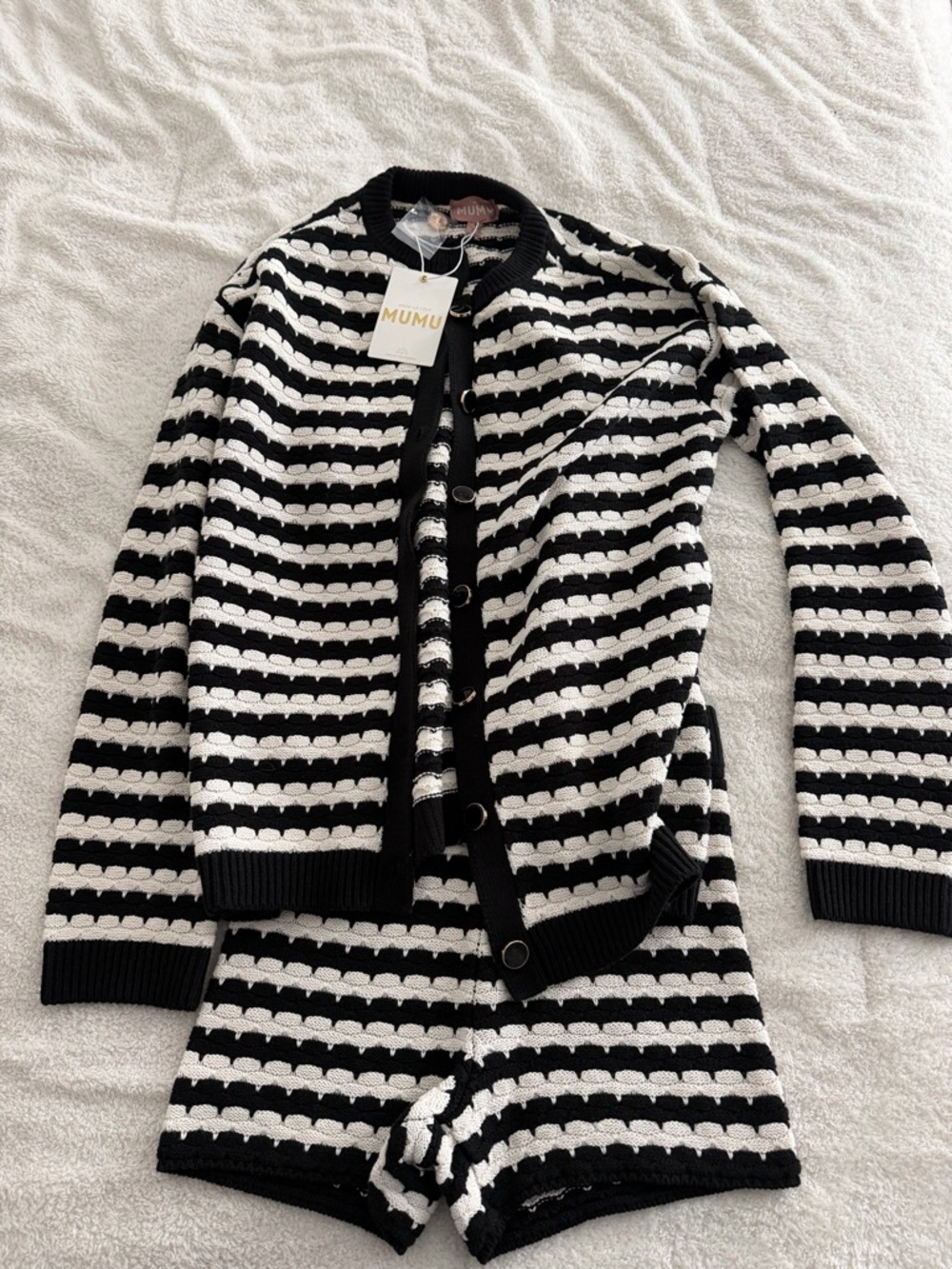Show Me Your Mumu Black and White Scallop-Stripe Knit Cardigan and Short set